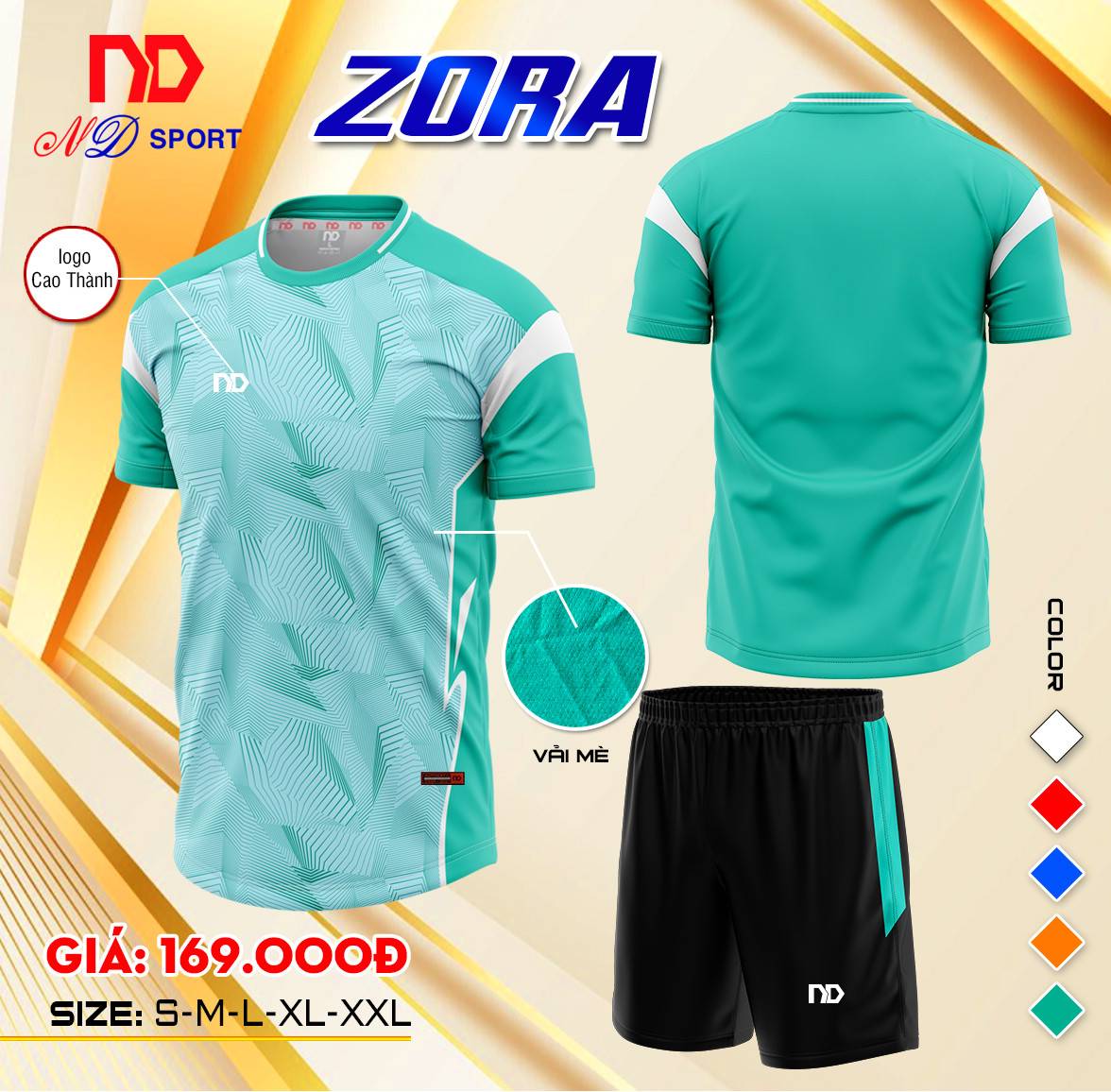 áo bóng đá không logo ND Sport Zora xanh ngọc